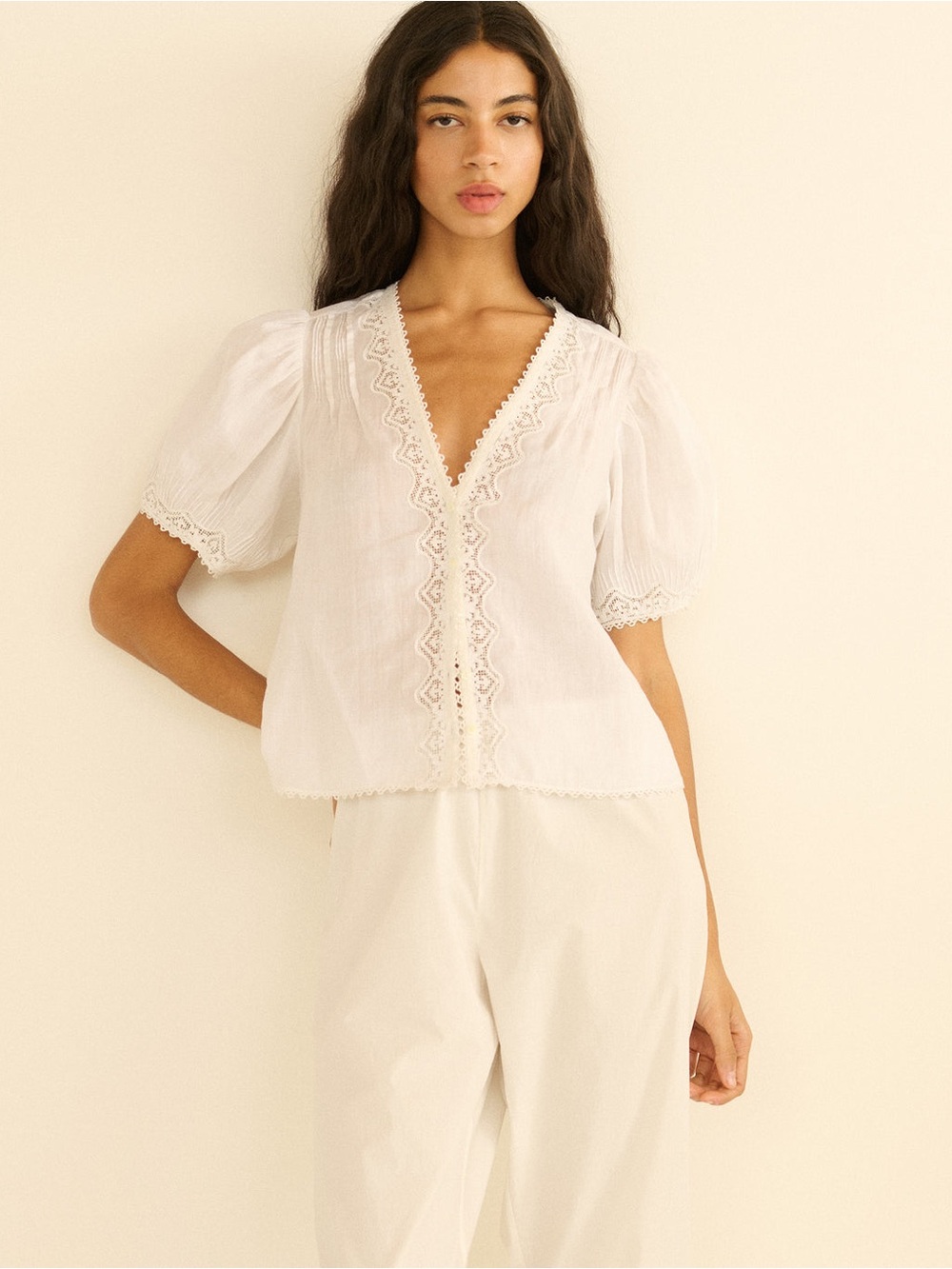 Doen Brigitta Top Salt White Lace Trim Puff Sleeve Blouse Size M